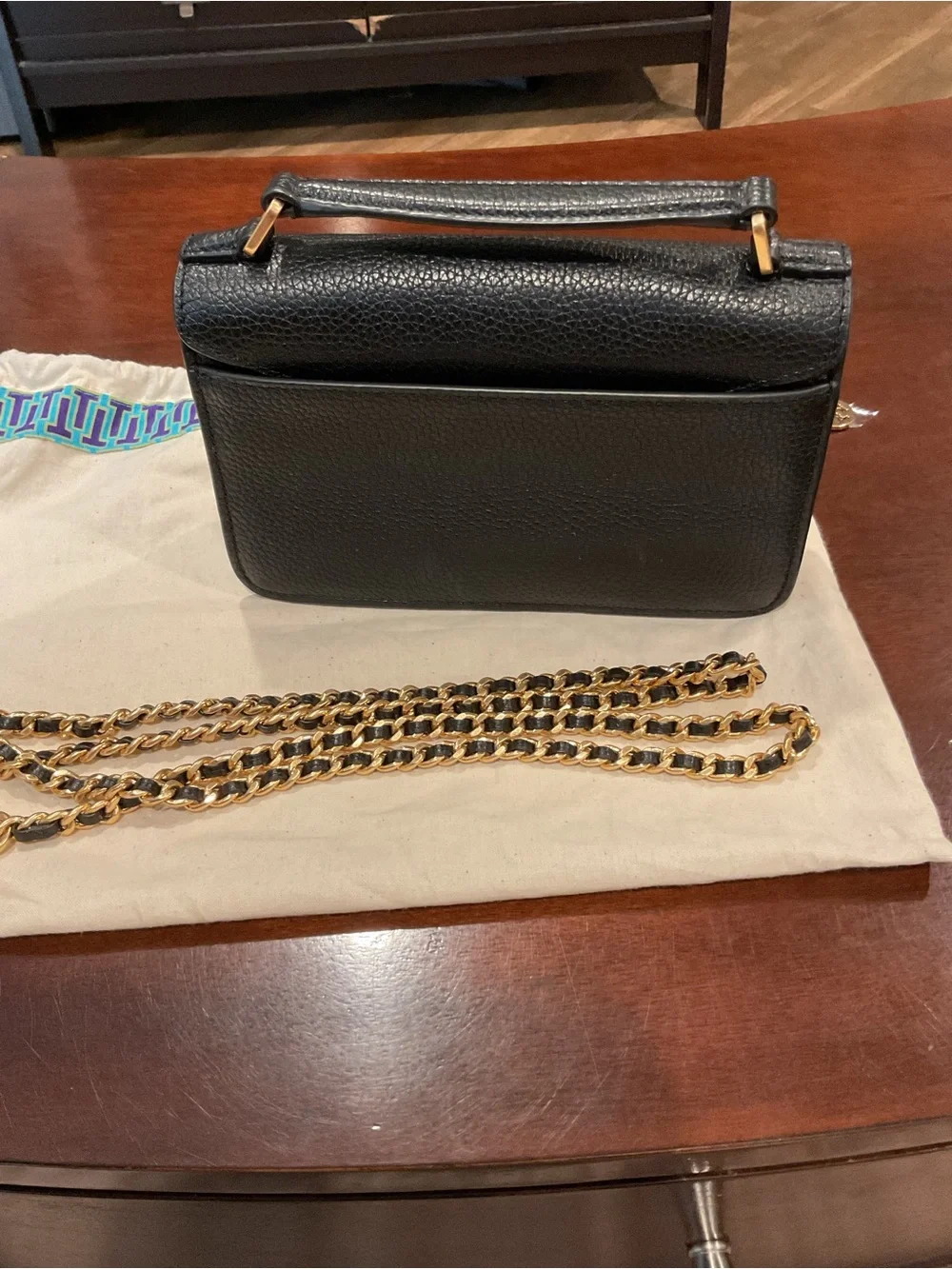 Tory Burch Black Pebbled Leather Top-Handle Shoulder Bag with Gold Logo